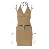 V-Neck Tie Backless Top Slim Fit Skirt Set