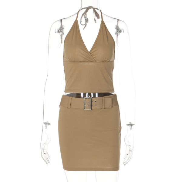V-Neck Tie Backless Top Slim Fit Skirt Set