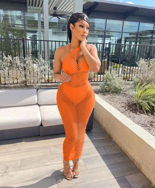 Women's Sexy Solid Color Perspective Mesh Beach Dress