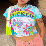 Fashion Print Crew Neck Slim Fit Cropped Navel T-Shirt