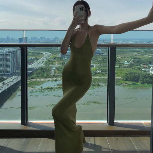 Fashion U Neck Sexy Backless Lace-Up Sleeveless Slim Dress