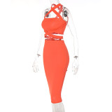 Fashion Solid Color Strap Tube Top Slim Fit Hip Skirt Suit