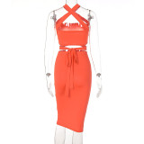 Fashion Solid Color Strap Tube Top Slim Fit Hip Skirt Suit
