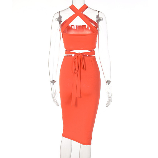Fashion Solid Color Strap Tube Top Slim Fit Hip Skirt Suit