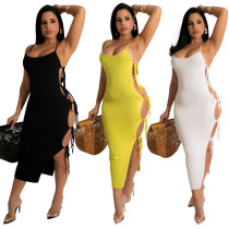 Fashion sexy solid color suspenders side slit strap dress with careful machine design