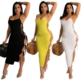 Fashion sexy solid color suspenders side slit strap dress with careful machine design