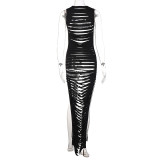 Fashion Sexy Round Neck Slim Hollow Slit Sleeveless Dress