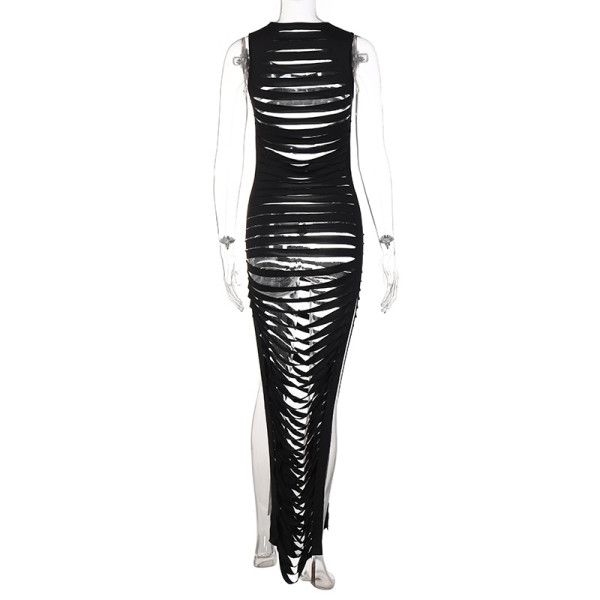 Fashion Sexy Round Neck Slim Hollow Slit Sleeveless Dress