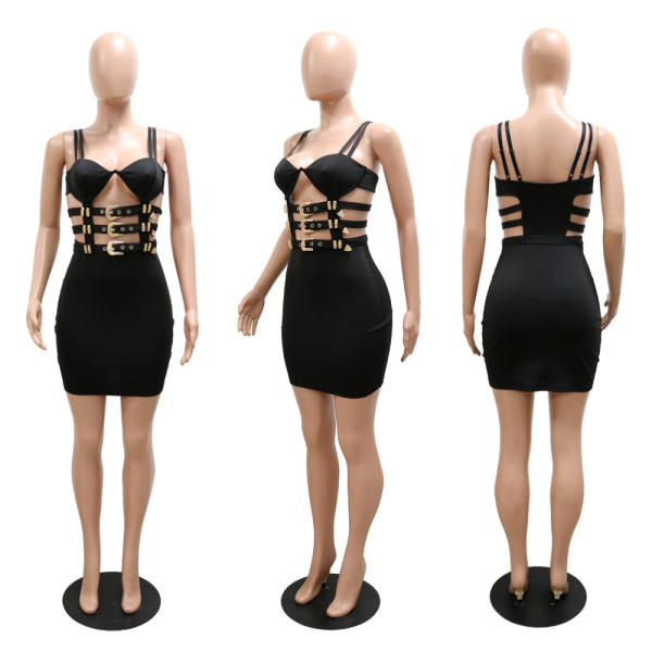 Sexy suspenders hollow zipper fashion hip dress with careful design