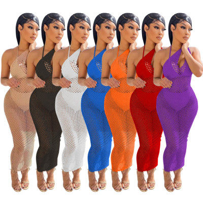 Women's Sexy Solid Color Perspective Mesh Beach Dress