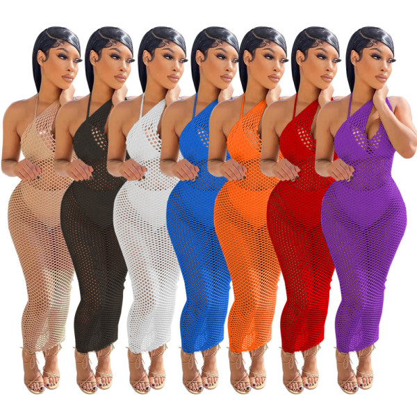 Women's Sexy Solid Color Perspective Mesh Beach Dress
