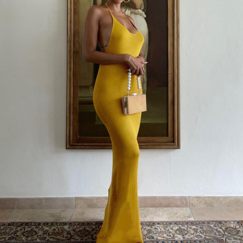 Fashion U Neck Sexy Backless Lace-Up Sleeveless Slim Dress