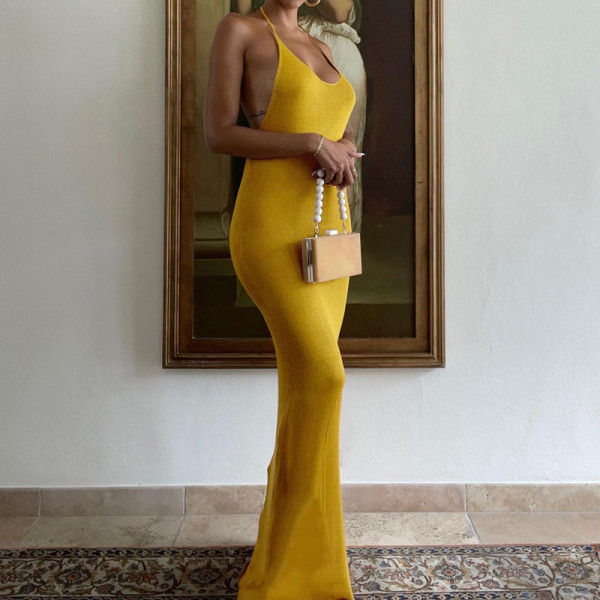 Fashion U Neck Sexy Backless Lace-Up Sleeveless Slim Dress