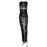 Fashion Sexy Round Neck Slim Hollow Slit Sleeveless Dress