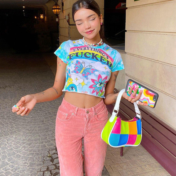 Fashion Print Crew Neck Slim Fit Cropped Navel T-Shirt