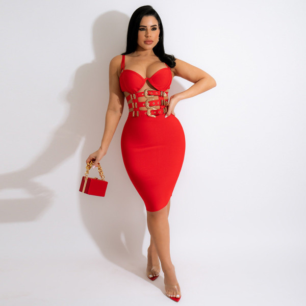 Sexy suspenders hollow zipper fashion hip dress with careful design