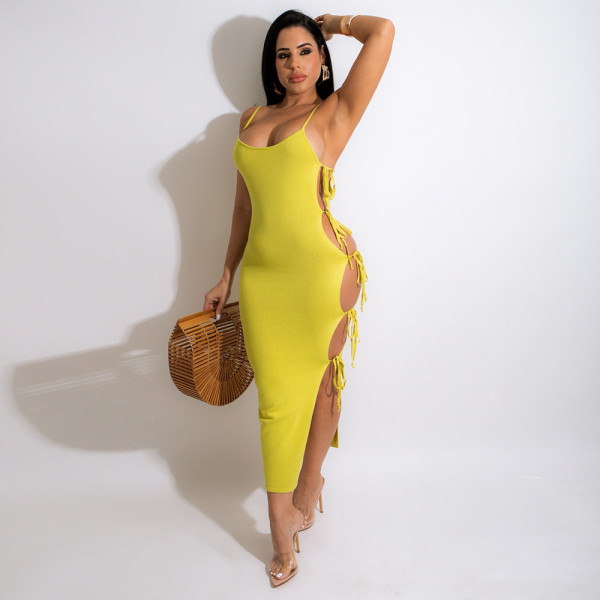 Fashion sexy solid color suspenders side slit strap dress with careful machine design