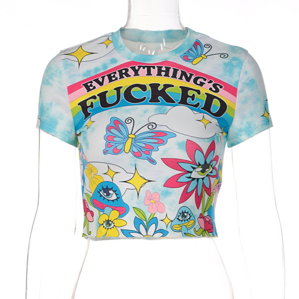 Fashion Print Crew Neck Slim Fit Cropped Navel T-Shirt