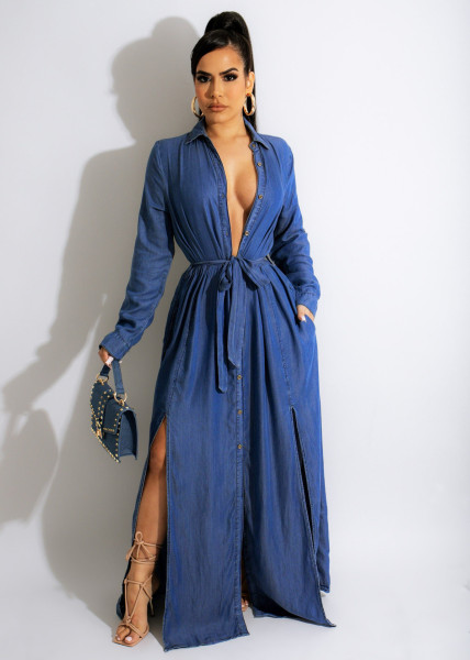 Fashion Casual Denim Shirt Long Skirt Ladies High Slit Big Skirt Denim Long Skirt
