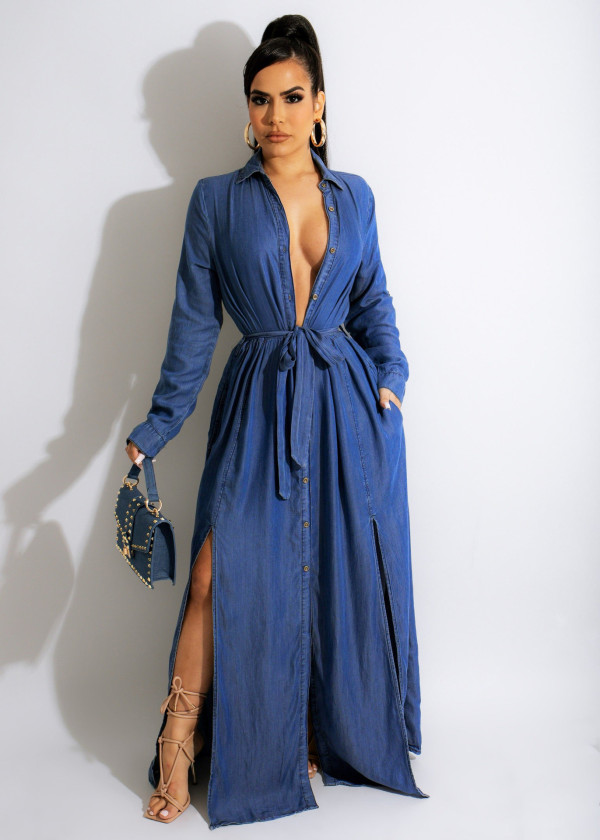 Fashion Casual Denim Shirt Long Skirt Ladies High Slit Big Skirt Denim Long Skirt