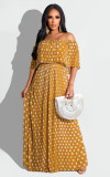 One-shoulder chiffon pleated polka dot print maxi dress