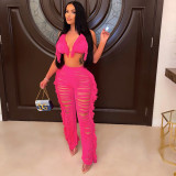 Sexy Ladies Fashion Knitted Hollow Perspective Tassels Two Piece Set