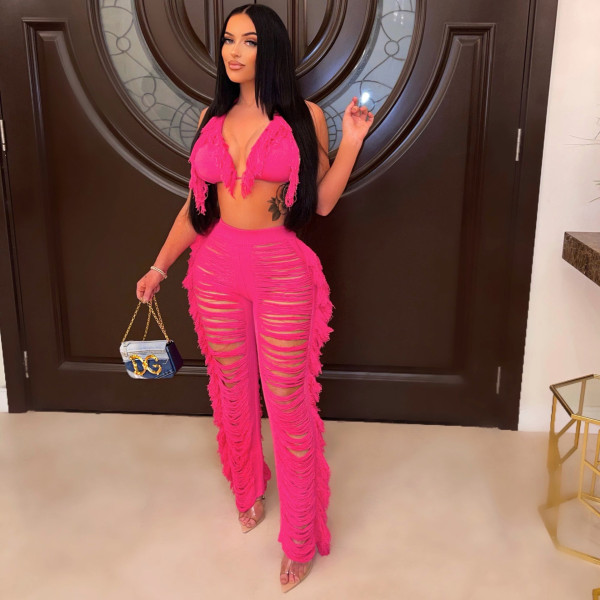Sexy Ladies Fashion Knitted Hollow Perspective Tassels Two Piece Set