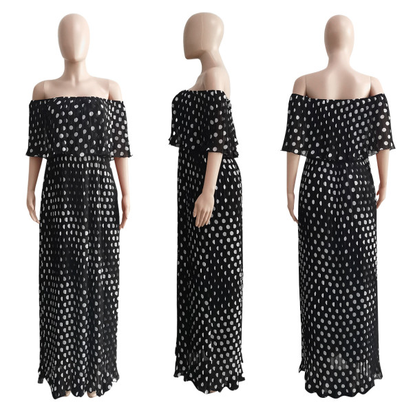 One-shoulder chiffon pleated polka dot print maxi dress