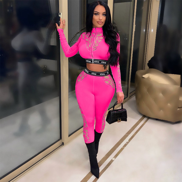 Fashion Leisure Sports Fitness Perspective Zipper Tight Suit Two Piece