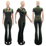 Solid Color Korean Velvet Slim Fit Wide Leg Pants Casual Two Piece Set