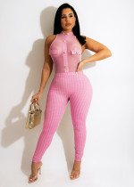 Fashion Pit Houndstooth Print Panel Mesh Sleeveless Jumpsuit