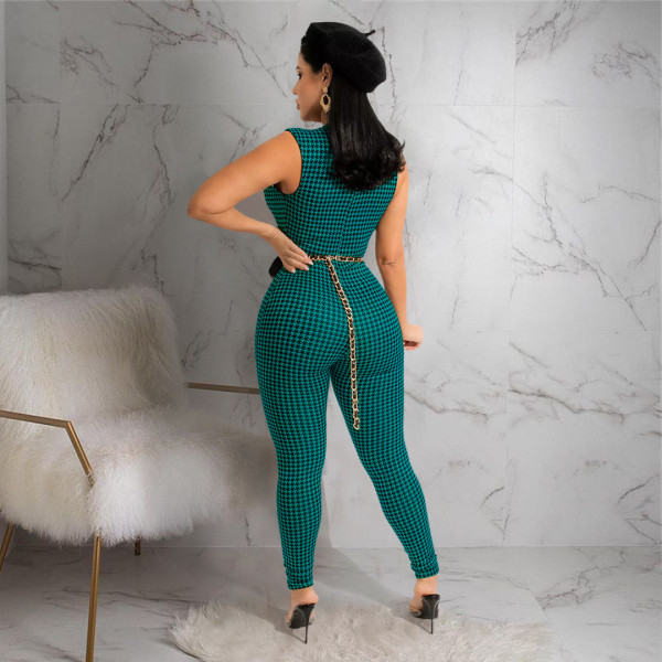 Nightclub Fashion Print Lapel Button Houndstooth Jumpsuit
