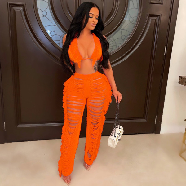 Sexy Ladies Fashion Knitted Hollow Perspective Tassels Two Piece Set