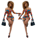 Sexy Ruched Tie-Up Flared Sleeve Print Dress