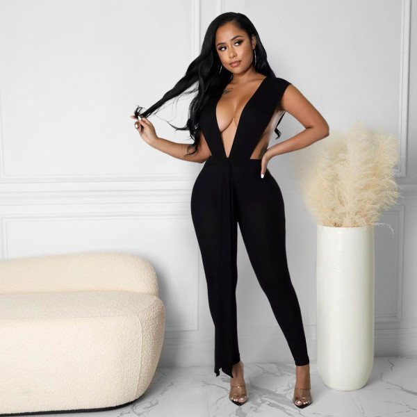 Nightclub clothes sexy deep V-neck pit strips strapless backless jumpsuit