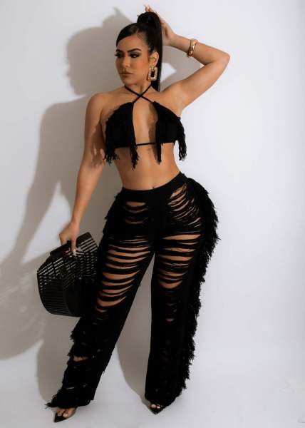 Sexy Ladies Fashion Knitted Hollow Perspective Tassels Two Piece Set