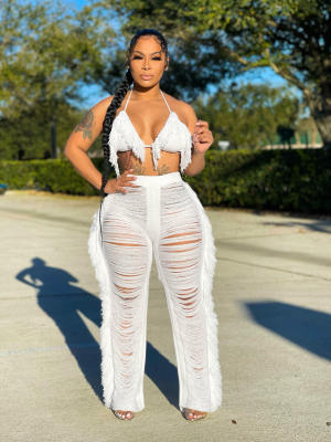 Sexy Ladies Fashion Knitted Hollow Perspective Tassels Two Piece Set