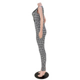 Nightclub Fashion Print Lapel Button Houndstooth Jumpsuit
