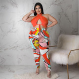 Lace-up Print Halter Fashion Print Pants Set