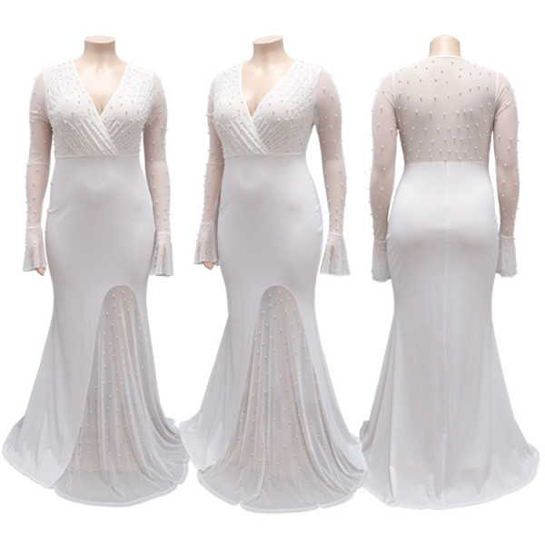 Fashion sexy V-neck see-through long-sleeved bag hip gun beads plus size dress
