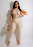 Fashion Pit Houndstooth Print Panel Mesh Sleeveless Jumpsuit