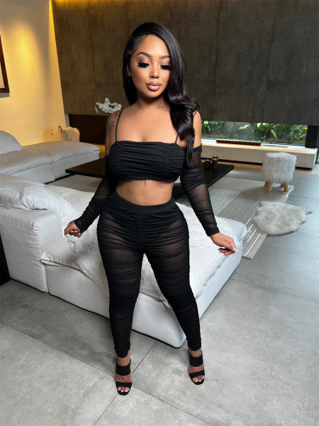Fashion suspenders top mesh pants suit new two-piece set