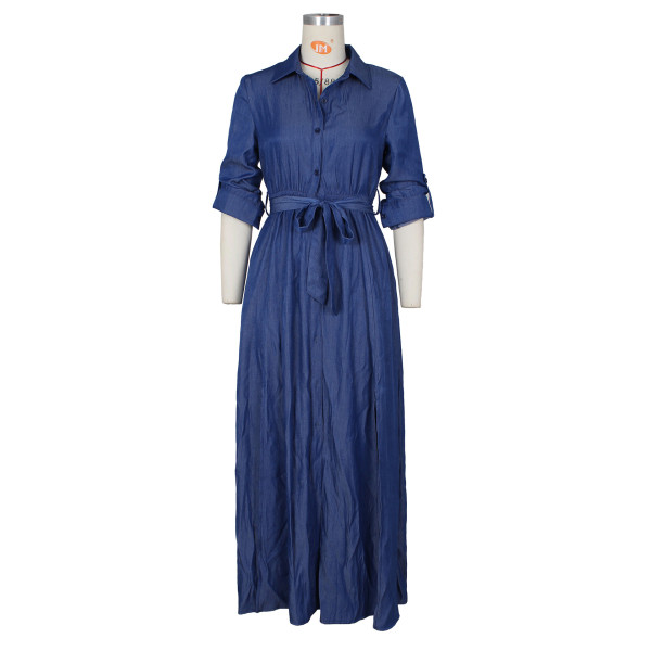 Fashion Casual Denim Shirt Long Skirt Ladies High Slit Big Skirt Denim Long Skirt