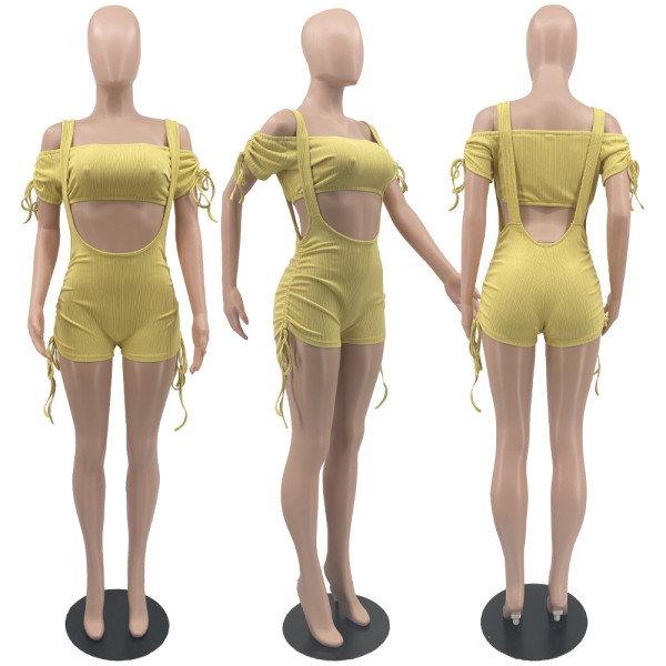 Solid color pit stripe sexy off-the-shoulder-smock-sling pants two-piece set
