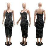 Fashion Sexy Sling V-Neck Perspective Hot Diamond Dress