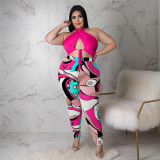 Lace-up Print Halter Fashion Print Pants Set