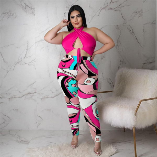Lace-up Print Halter Fashion Print Pants Set