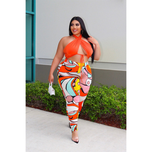 Lace-up Print Halter Fashion Print Pants Set