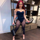 Tube top suspender jumpsuit + sexy see-through lace trousers two-piece set