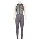 Fashion Pit Houndstooth Print Panel Mesh Sleeveless Jumpsuit